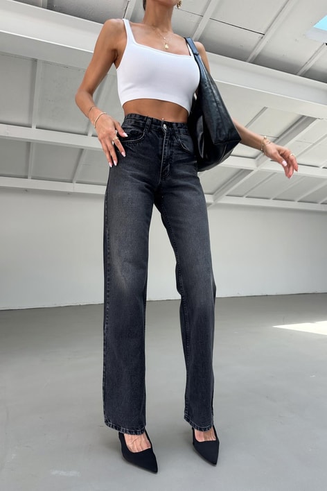 Yıkamalı Wide Leg Jean Füme