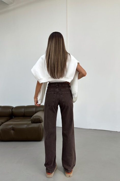 Yıkamalı Wide Leg Jean Kahve