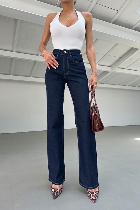 Yıkamalı Wide Leg Jean Lacivert