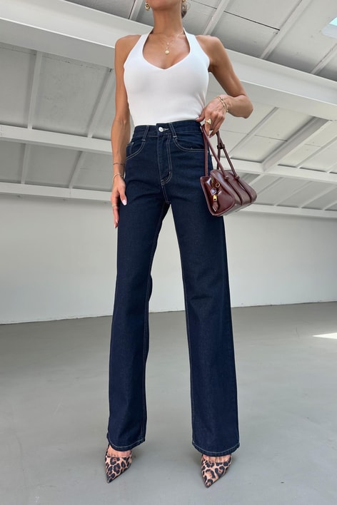 Yıkamalı Wide Leg Jean Lacivert