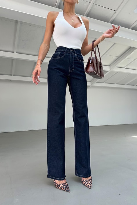 Yıkamalı Wide Leg Jean Lacivert
