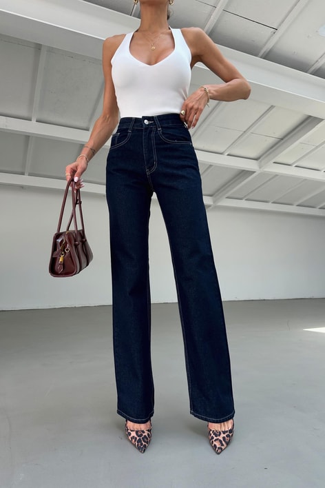 Yıkamalı Wide Leg Jean Lacivert