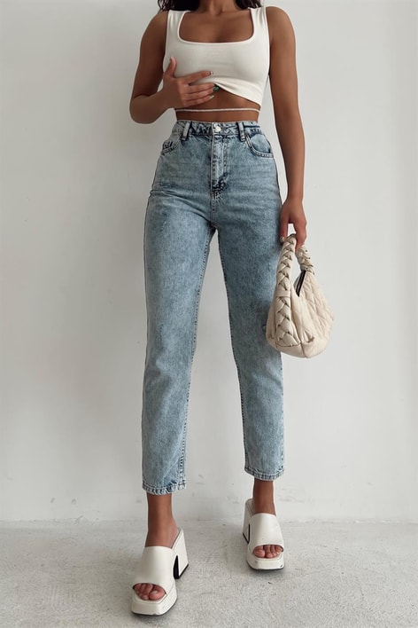 Yüksek Bel Leo Mom Jean Mavi