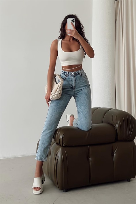 Yüksek Bel Leo Mom Jean Mavi