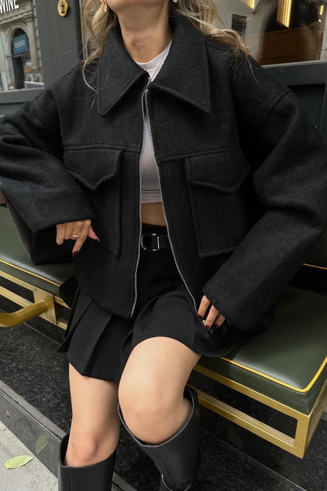 Bomber Mini Kaşe Kaban Siyah