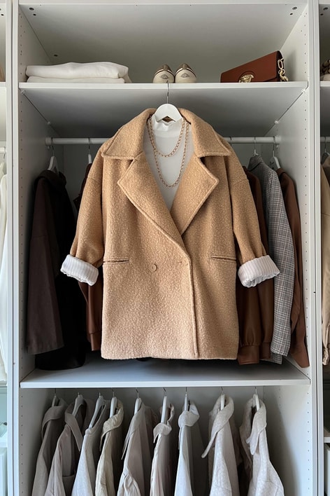 Çizgi Astarlı Buklet Kaban Camel