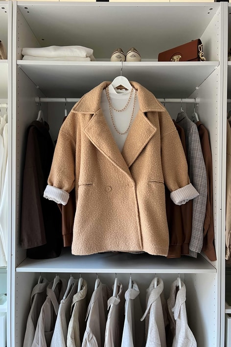 Çizgi Astarlı Buklet Kaban Camel