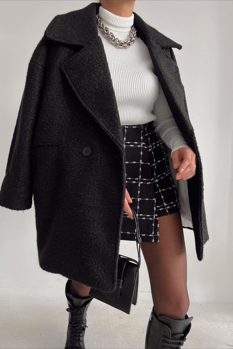 Çizgi Astarlı Buklet Kaban Siyah