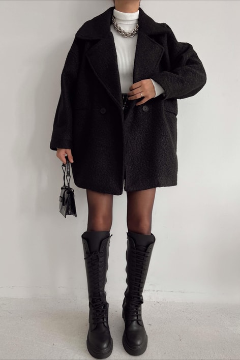 Çizgi Astarlı Buklet Kaban Siyah