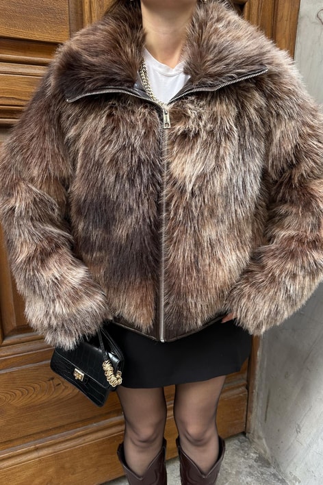 Deri Detaylı Kürk Kahve