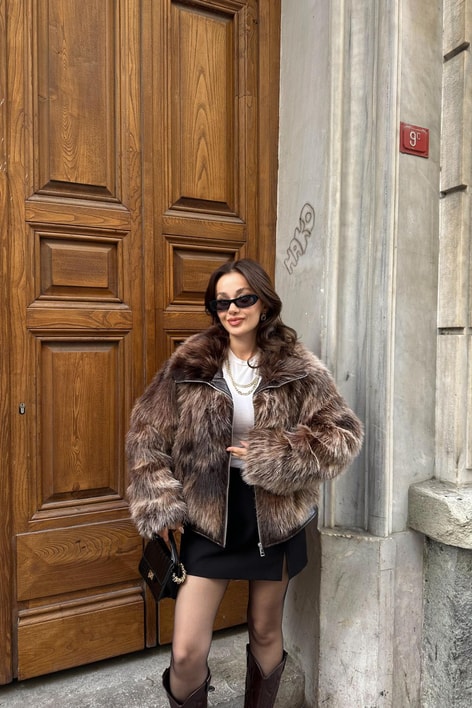 Deri Detaylı Kürk Kahve