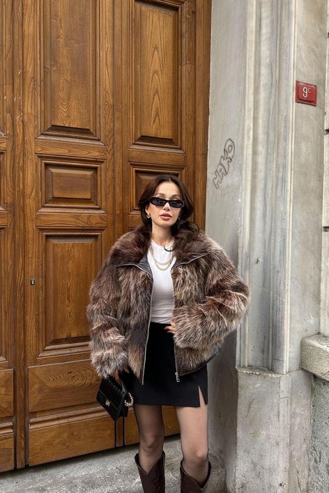 Deri Detaylı Kürk Kahve