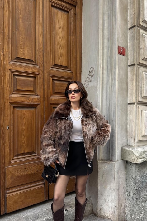 Deri Detaylı Kürk Kahve