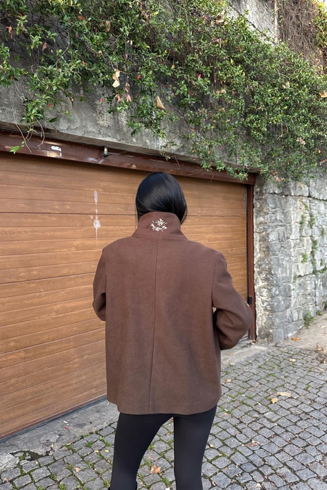 İşlemeli Kaşe Kaban Kahve