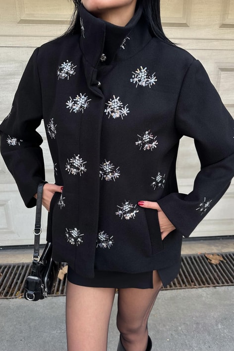 İşlemeli Kaşe Kaban Siyah