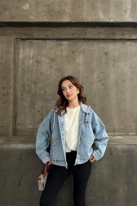 Kapüşonlu Denim Ceket Mavi
