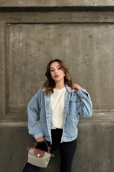 Kapüşonlu Denim Ceket Mavi