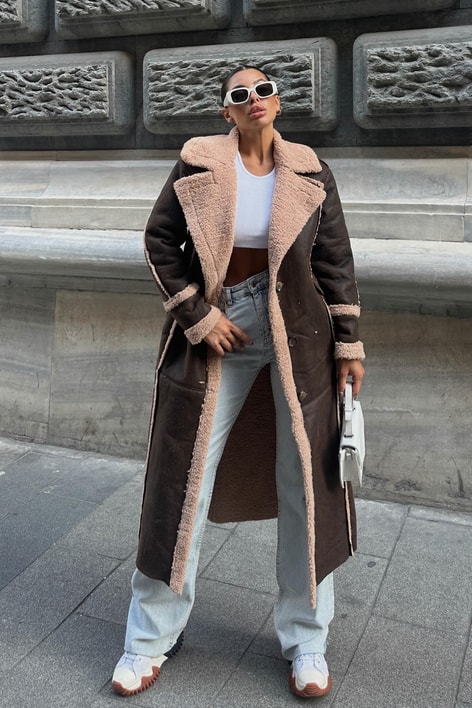 Kürk Astarlı Uzun Süet Kaban KAHVE