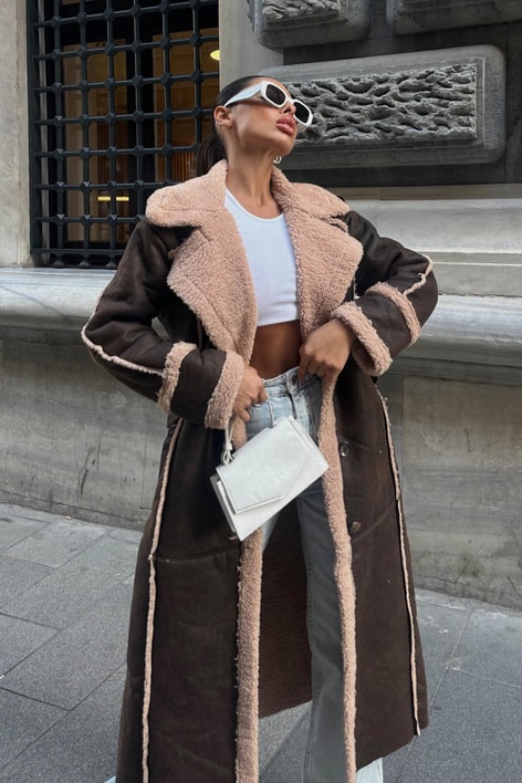 Kürk Astarlı Uzun Süet Kaban KAHVE