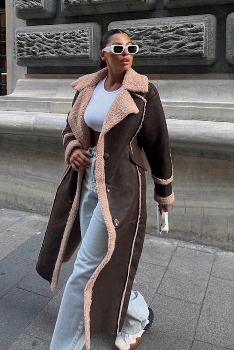 Kürk Astarlı Uzun Süet Kaban KAHVE