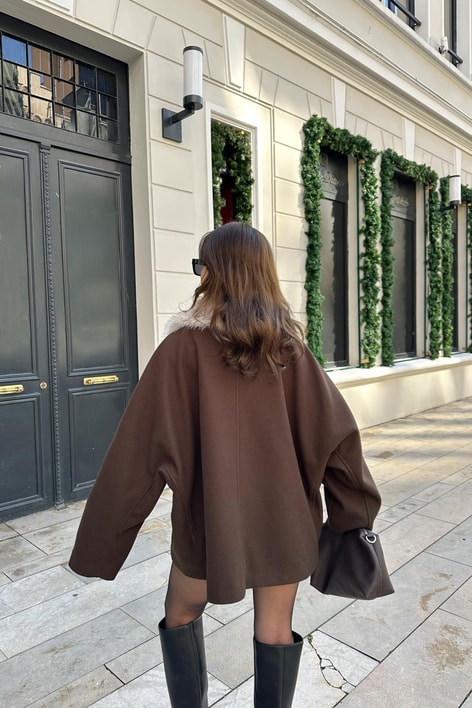 Kürk Yaka Kısa Kaban Kahve