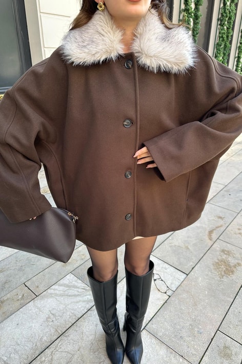 Kürk Yaka Kısa Kaban Kahve