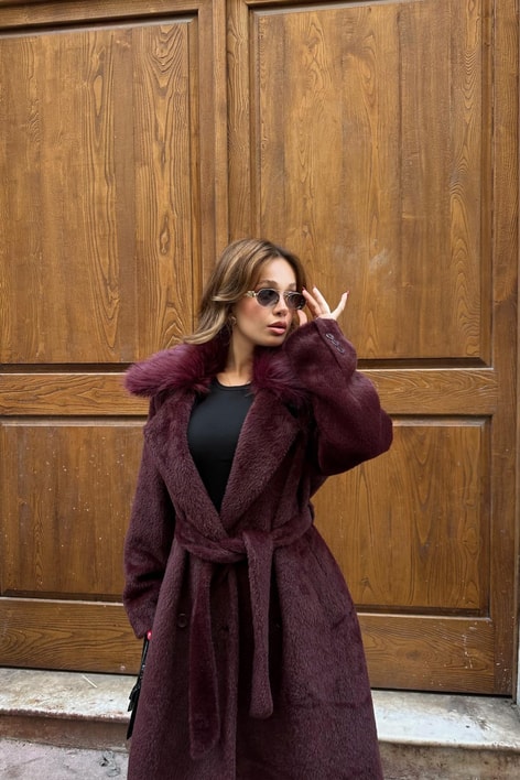 Kürk Yaka Peluş Kaban Bordo