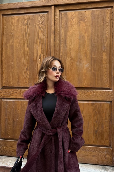 Kürk Yaka Peluş Kaban Bordo
