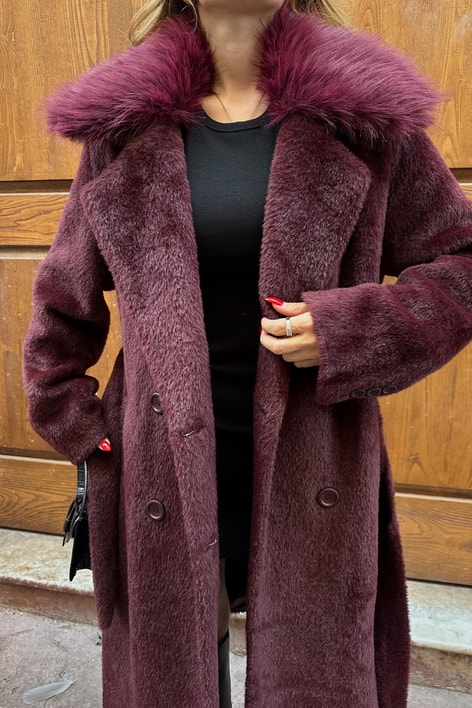 Kürk Yaka Peluş Kaban Bordo