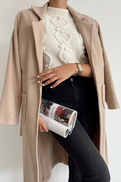 Kuşaklı Cep Detay Kaşe Kaban Bej