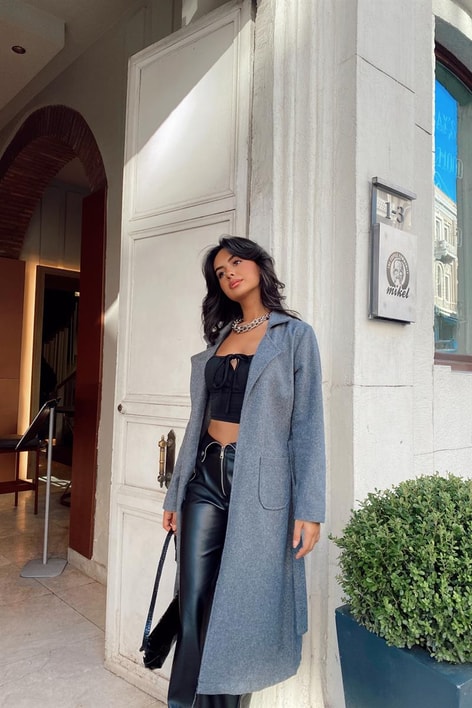 Kuşaklı Cep Detay Kaşe Kaban Füme