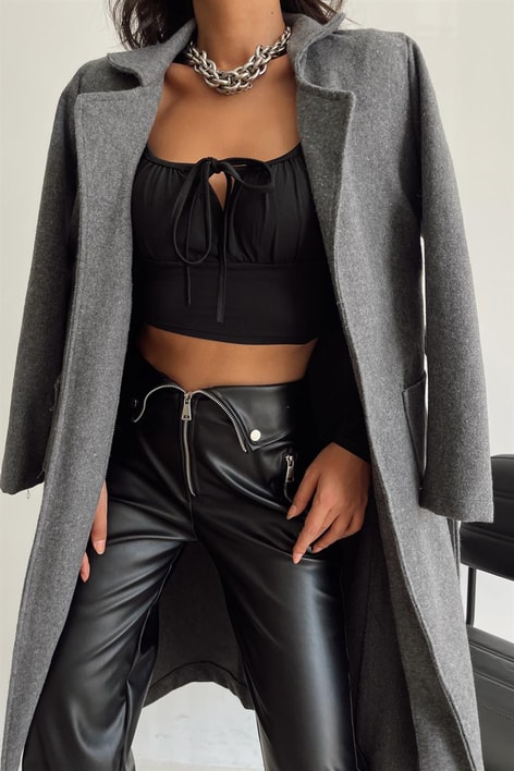 Kuşaklı Cep Detay Kaşe Kaban Füme