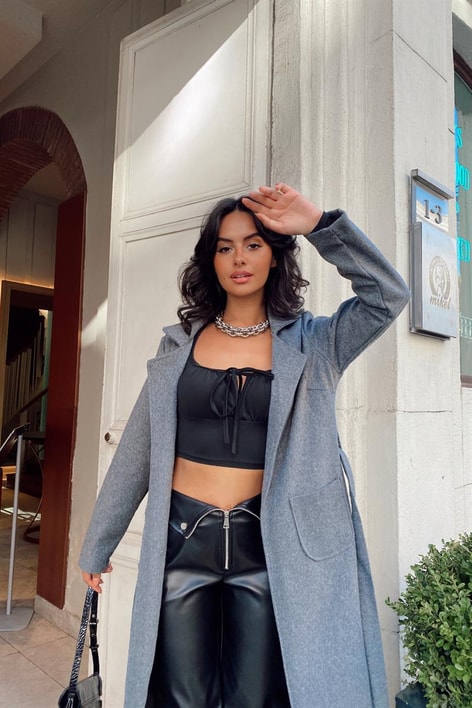 Kuşaklı Cep Detay Kaşe Kaban Füme