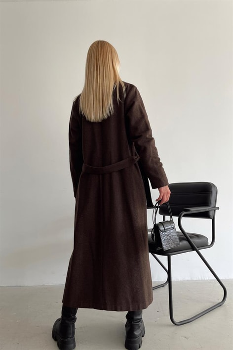 Kuşaklı Cep Detay Kaşe Kaban Koyu Kahve