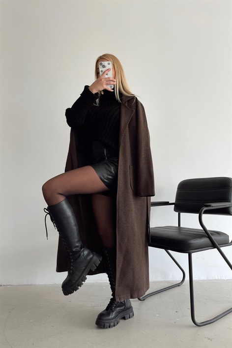 Kuşaklı Cep Detay Kaşe Kaban Koyu Kahve