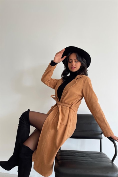 Kuşaklı Cep Detay Kaşe Kaban Taba