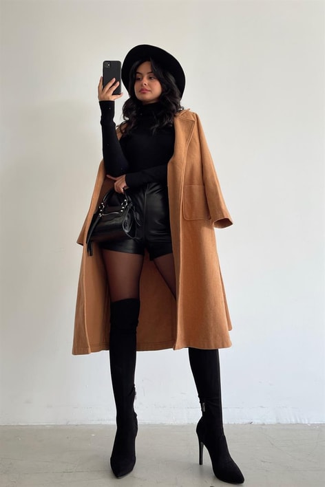 Kuşaklı Cep Detay Kaşe Kaban Taba