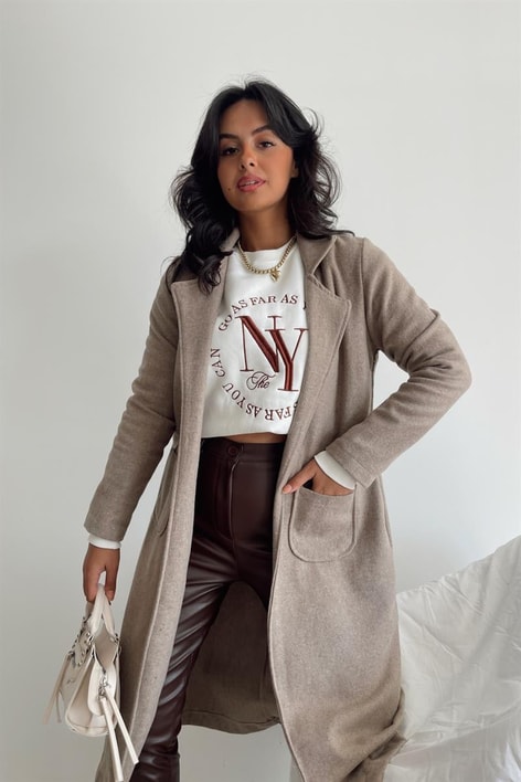 Kuşaklı Cep Detay Kaşe Kaban Vizon