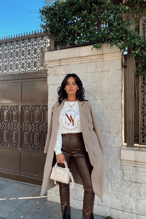 Kuşaklı Cep Detay Kaşe Kaban Vizon