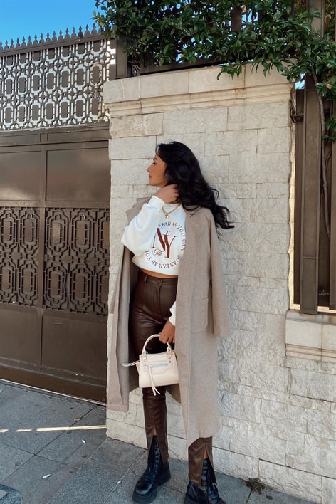 Kuşaklı Cep Detay Kaşe Kaban Vizon