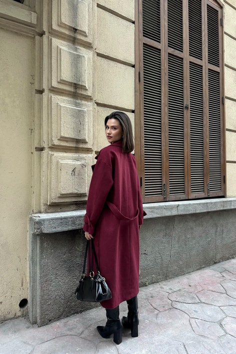 Kuşaklı Düğmeli Kaşe Kaban Bordo