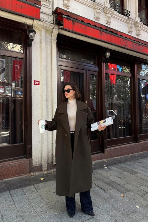 Kuşaklı Düğmeli Kaşe Kaban Koyu Haki