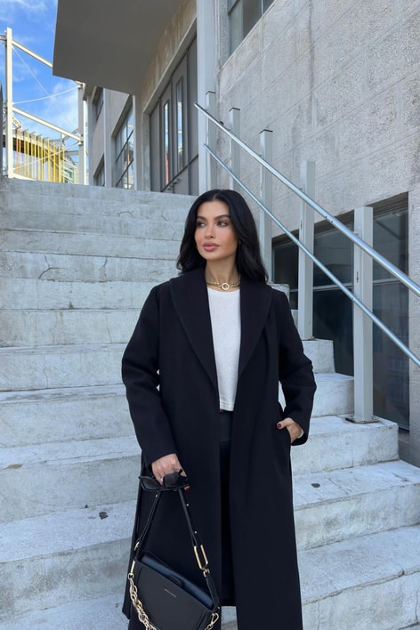 Kuşaklı Kaşe Kaban Siyah