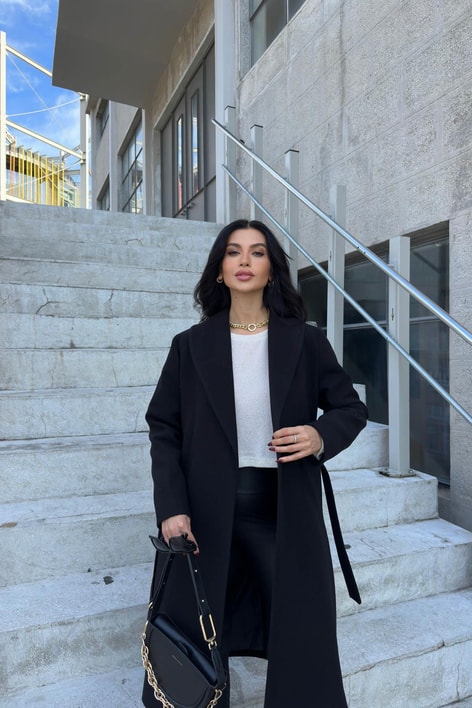 Kuşaklı Kaşe Kaban Siyah