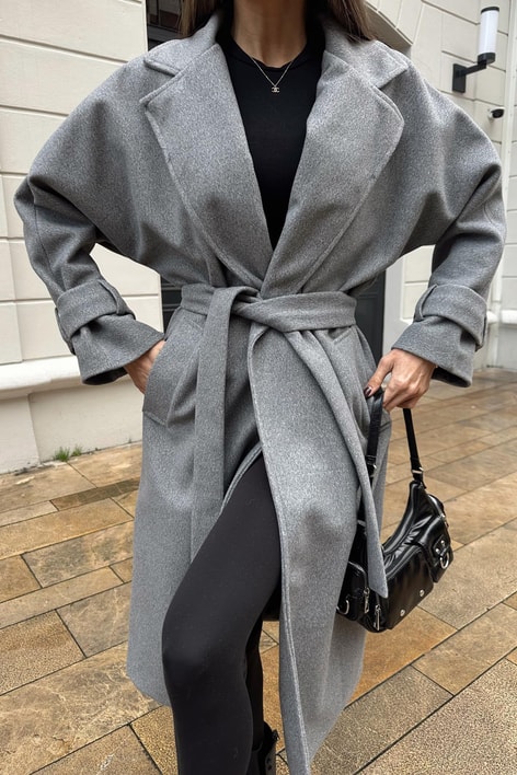 Kuşaklı Oversize Kaşe Kaban Antrasit