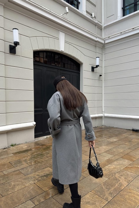 Kuşaklı Oversize Kaşe Kaban Antrasit