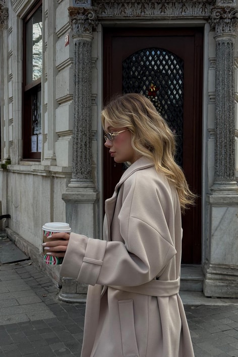 Kuşaklı Oversize Kaşe Kaban Krem