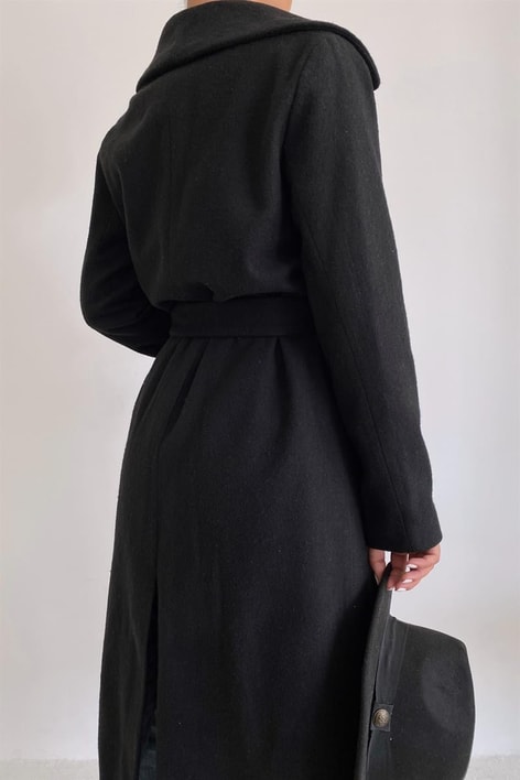 Kuşaklı Premium Kaşe Kaban Siyah