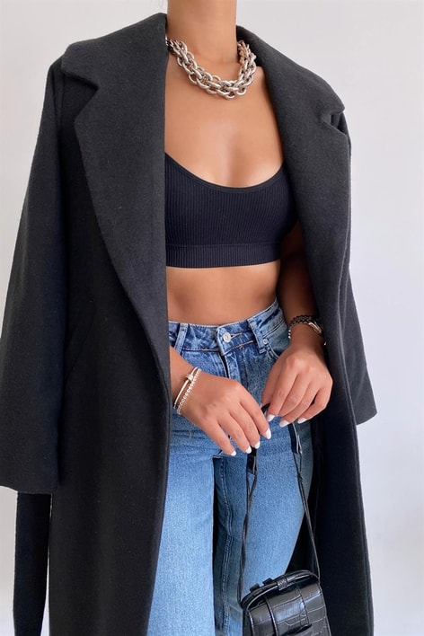 Kuşaklı Premium Kaşe Kaban Siyah