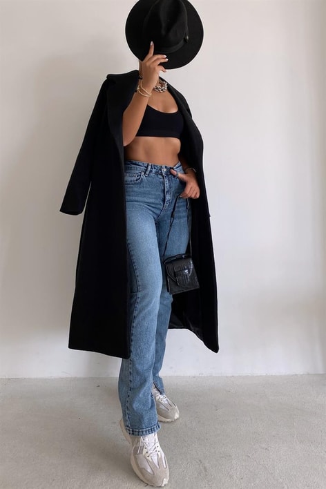 Kuşaklı Premium Kaşe Kaban Siyah